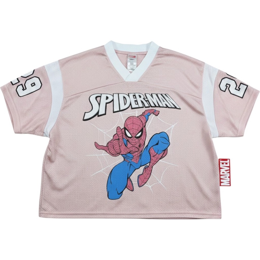 Marvel Spiderman Jersey Pink Cropped Football Mesh Top Graphic Tee L 1962